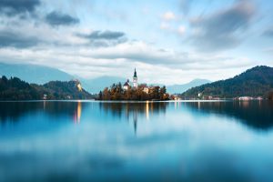 Colorful sunrise view of Bled lake in Julian Alps, Slovenia