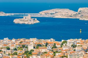Marseille, France. Elevated view Of cityscape and If Castle in Marseilles, France. Sunny summer day